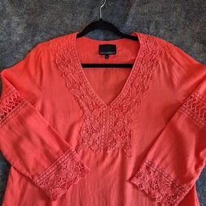 Cynthia Rowley Crochet Vneck Peasant Blouse Womans XL Orange Linen Blend Boho...